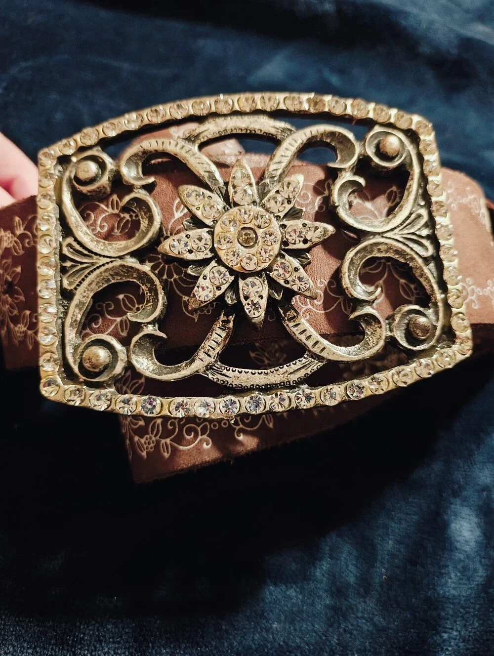 VTG Streets Ahead 90s Leather Western Belt Large Rhinestone Tooled Floral Boho